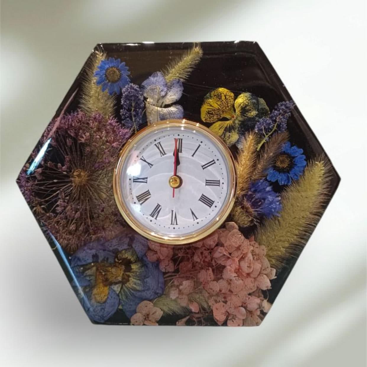 Handcrafted resin clock with pressed botanicals and gold Roman numerals